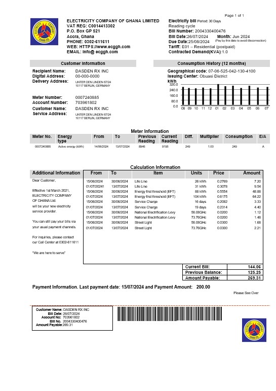Ghana Electricity Company of Ghana  business utility bill template in Word and PDF formats